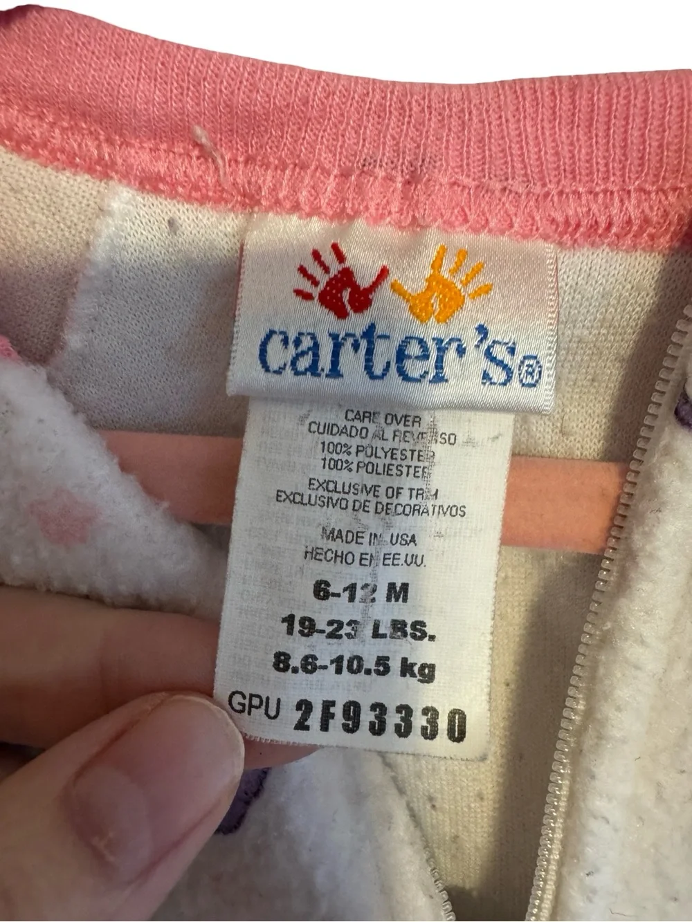 Vintage Carter’s White Pink Fleece Footed Sleeper 6-12 Months Animals Pajamas